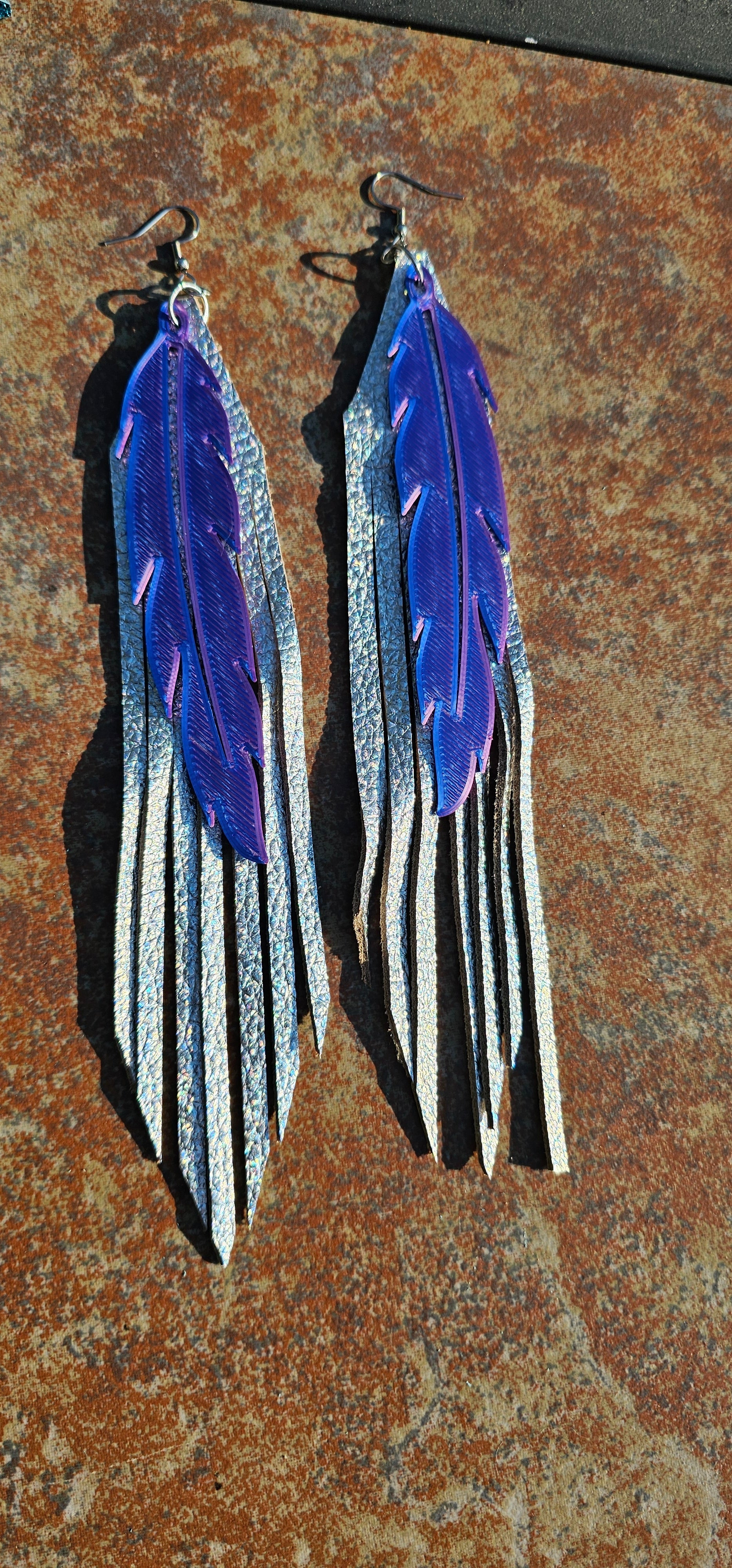 3D Printed Feather Leather Fringe Earrings Made in America