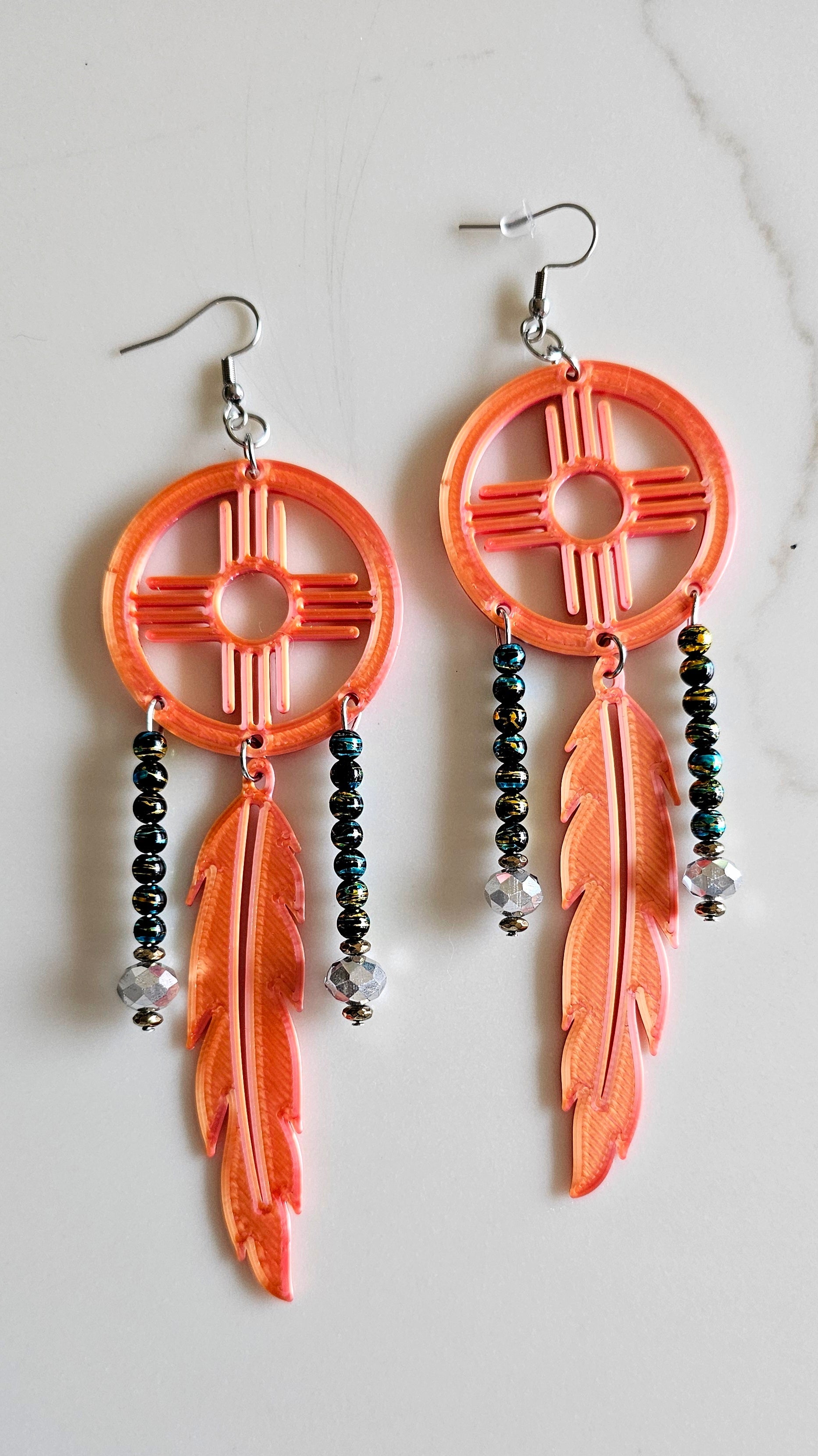 3D print Lightweight Orange New Mexico Zia Feather Dream Catcher Earrings Made in America
