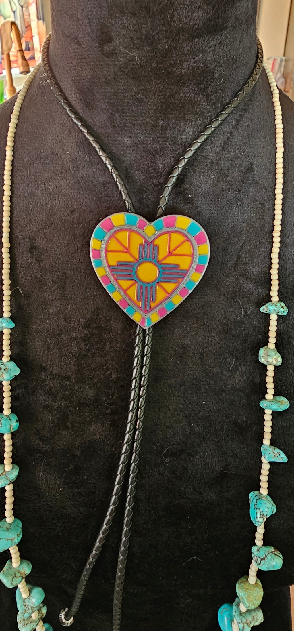 Yellow Pink Turquoise Zia 3D Inlay Heart Bolo Tie Necklace Made in America