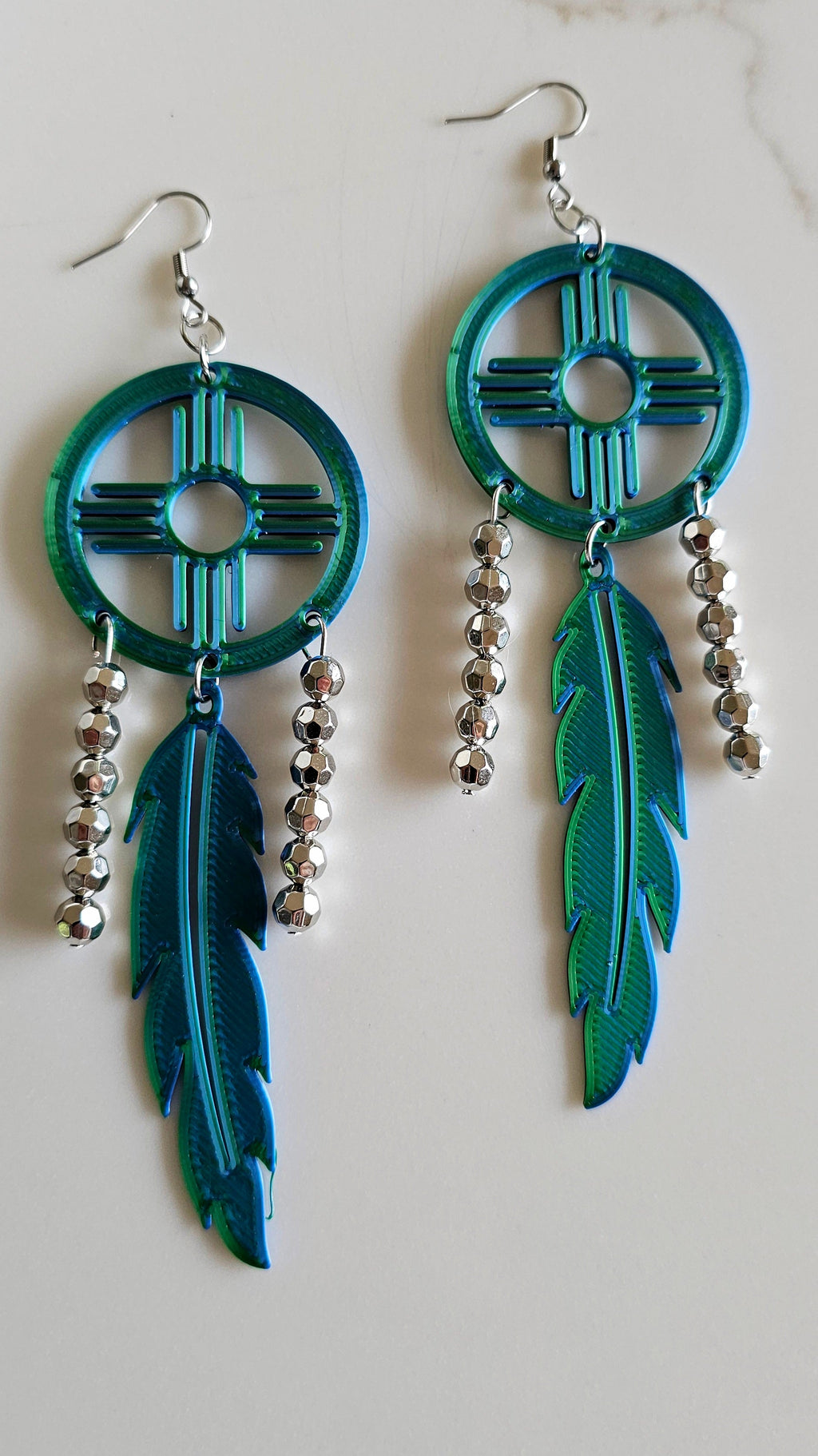 3D print Lightweight Green New Mexico Zia Feather Dream Catcher Earrings Made in America