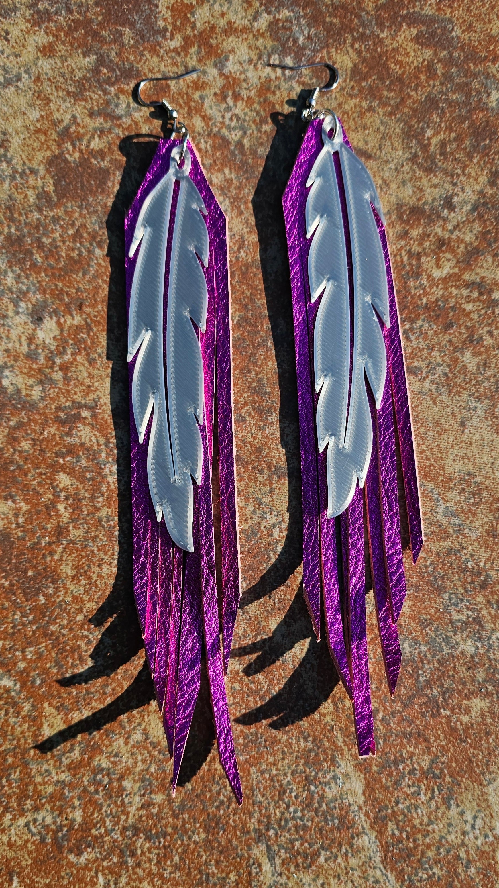 3D Printed Feather Leather Fringe Earrings Made in America