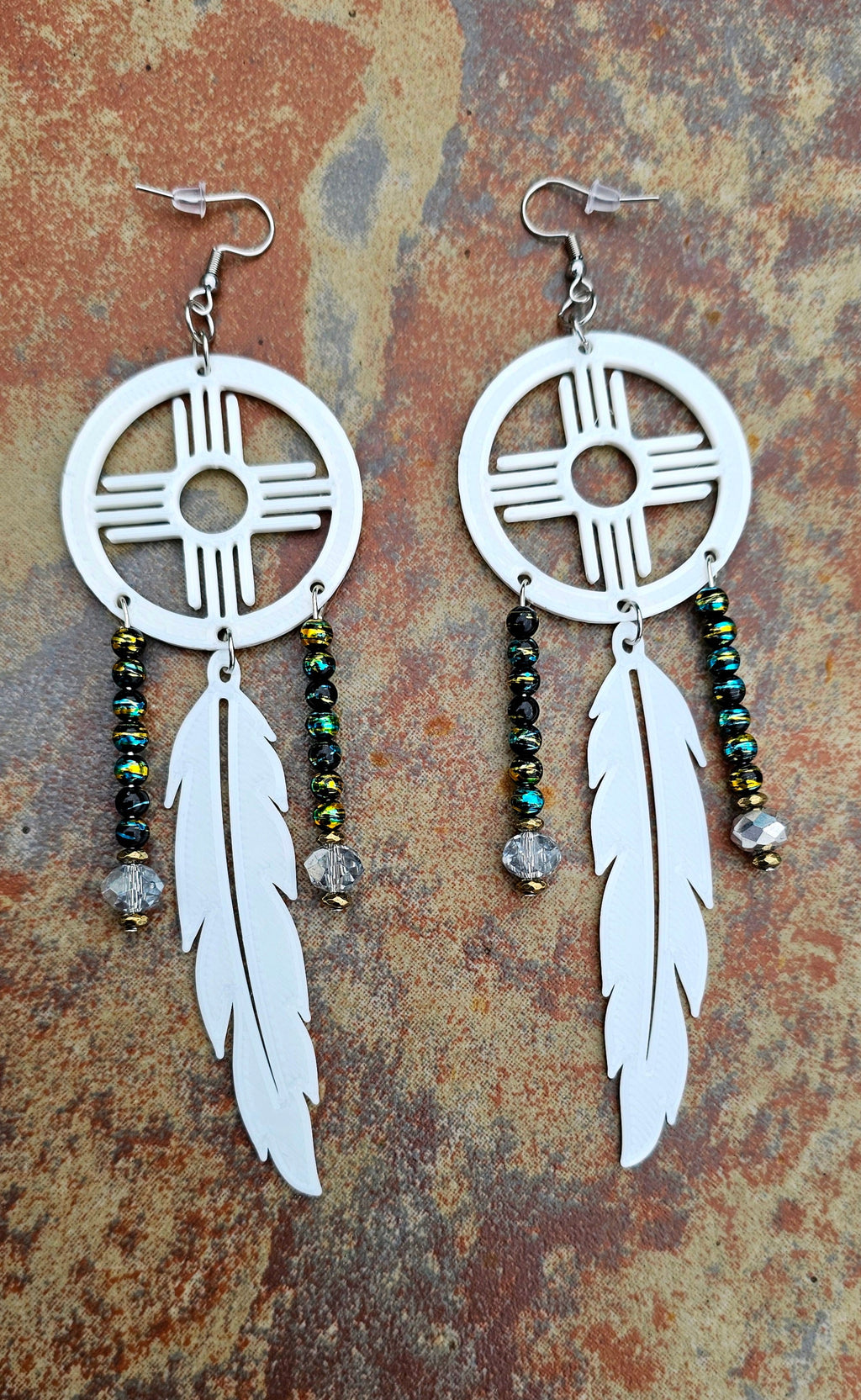 3D print Lightweight New Mexico Zia Feather Dream Catcher Earrings Made in America