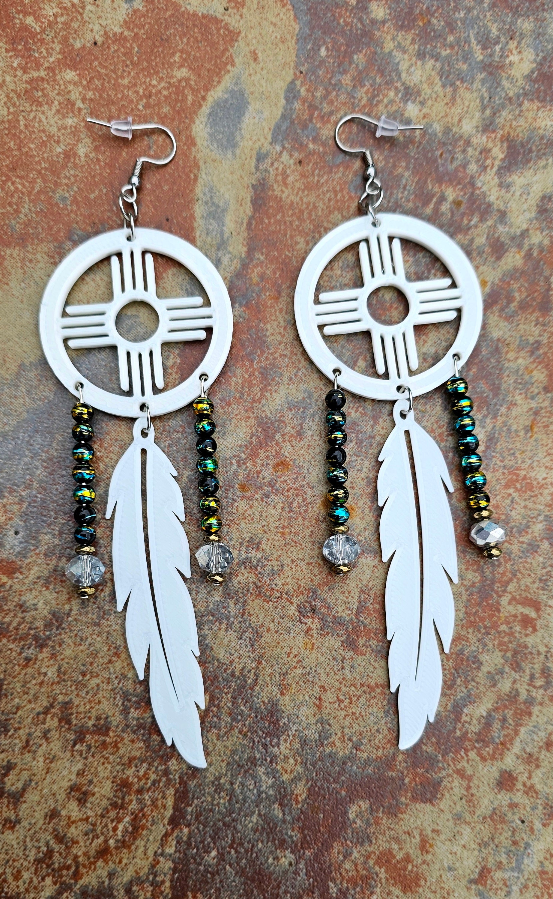 3D print Lightweight New Mexico Zia Feather Dream Catcher Earrings Made in America