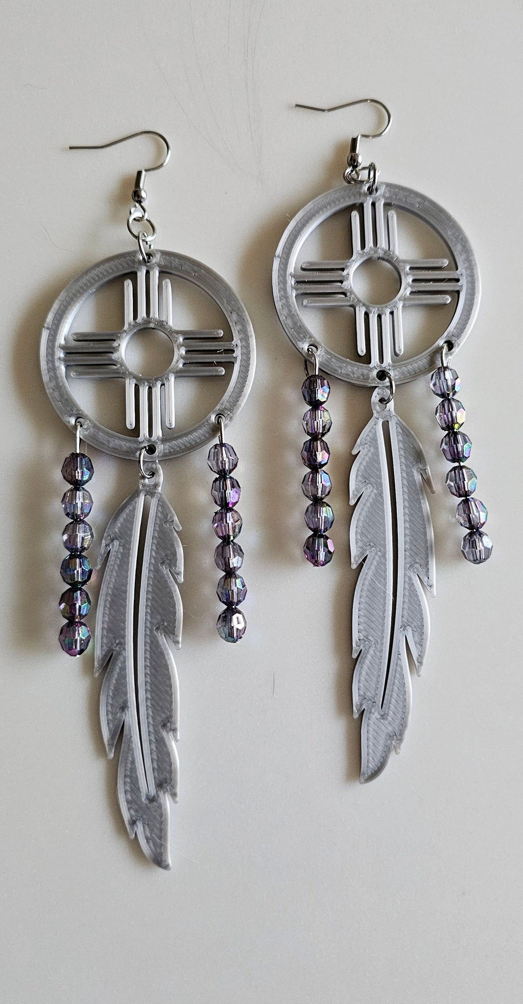 3D print Lightweight Silver New Mexico Zia Feather Dream Catcher Earrings Made in America