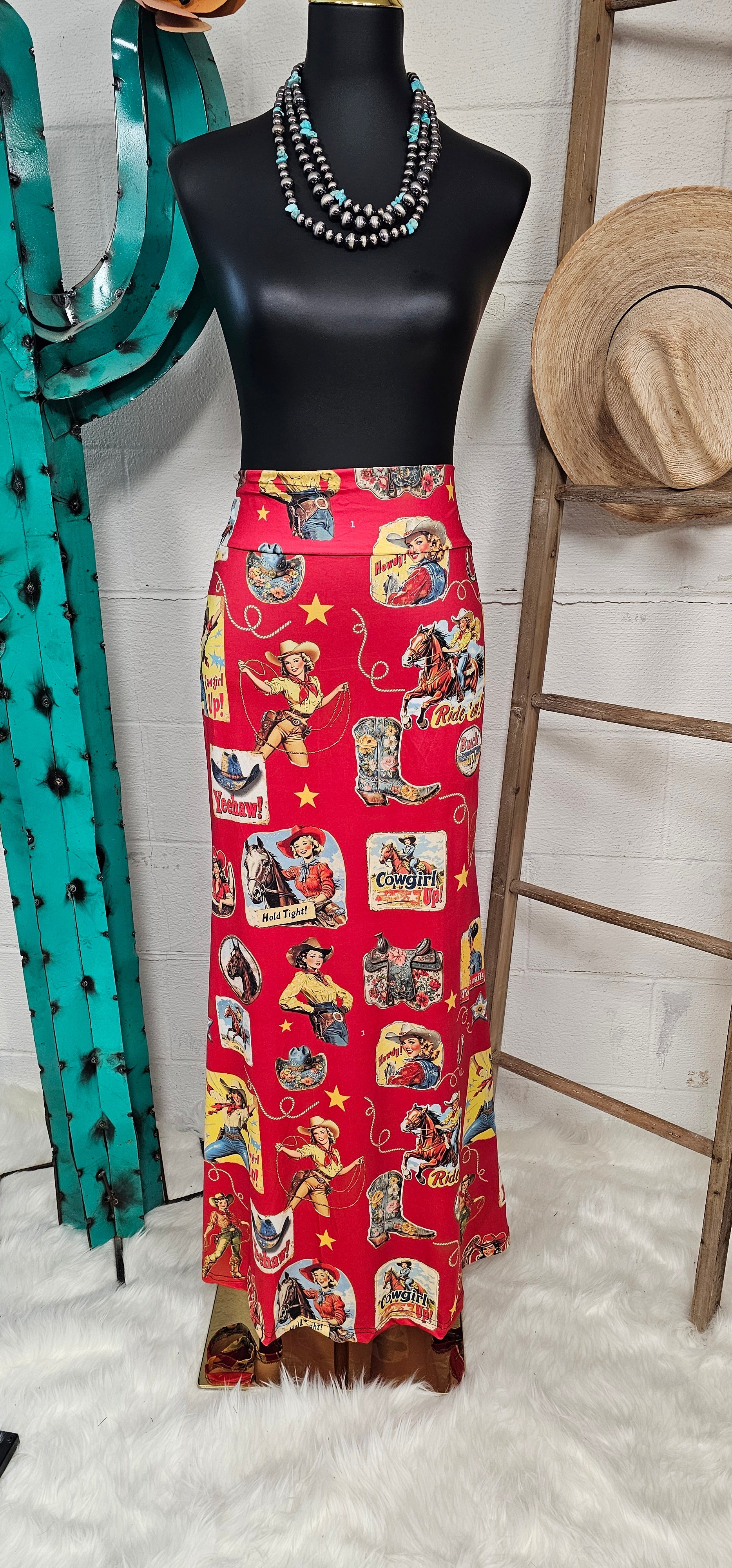 Vintage Cowgirl Collage Western Maxi Skirt