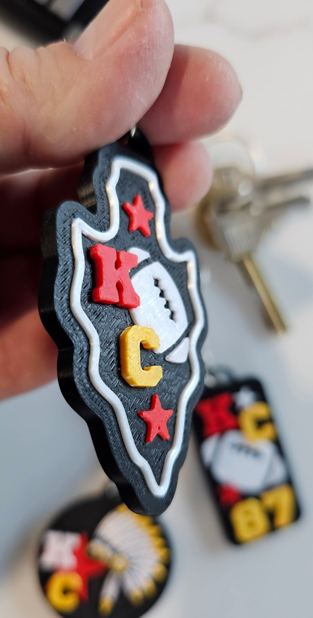 Set of 3 3D Print Chiefs Arrowhead Kc Kansas City 87 Football Keychains Made in America