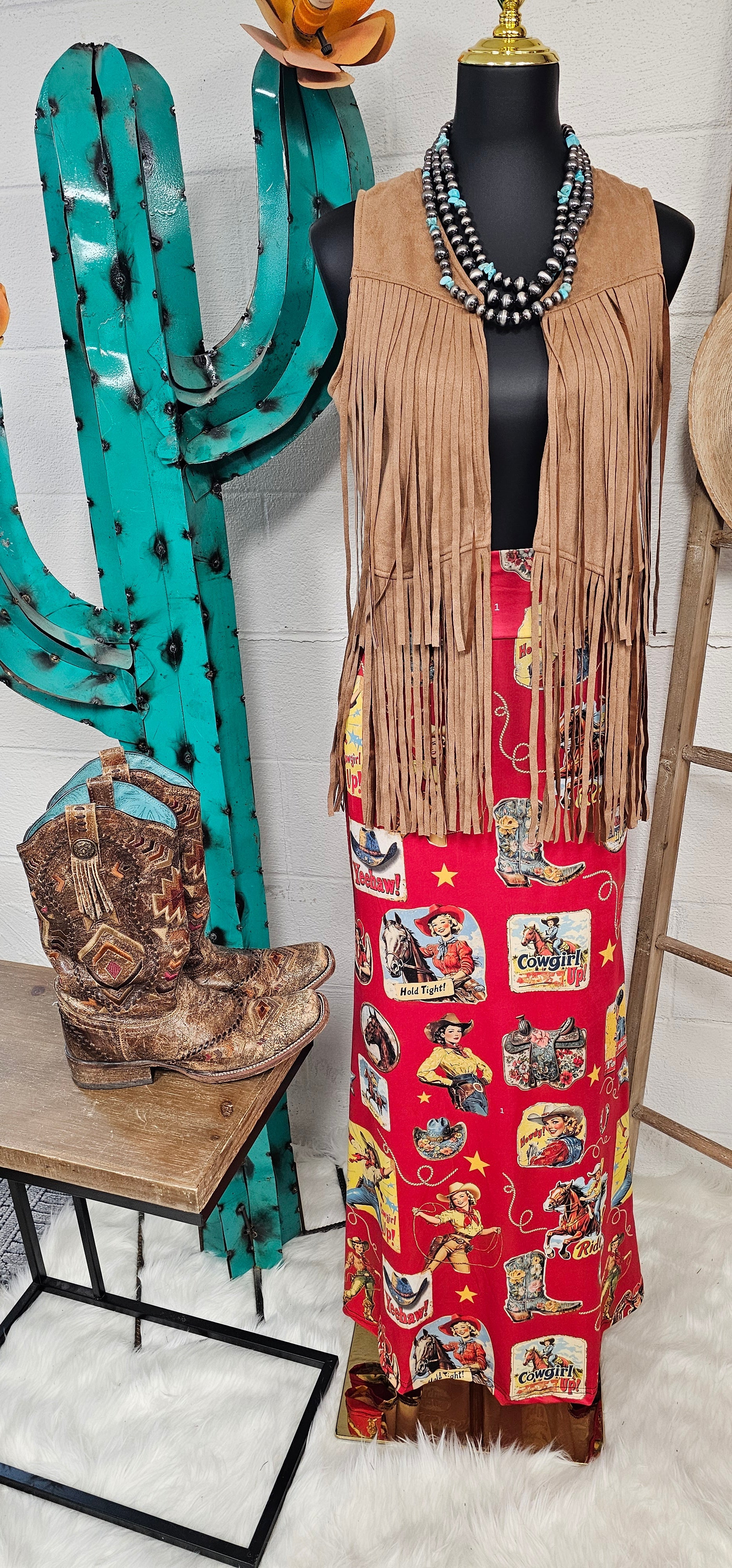 Vintage Cowgirl Collage Western Maxi Skirt