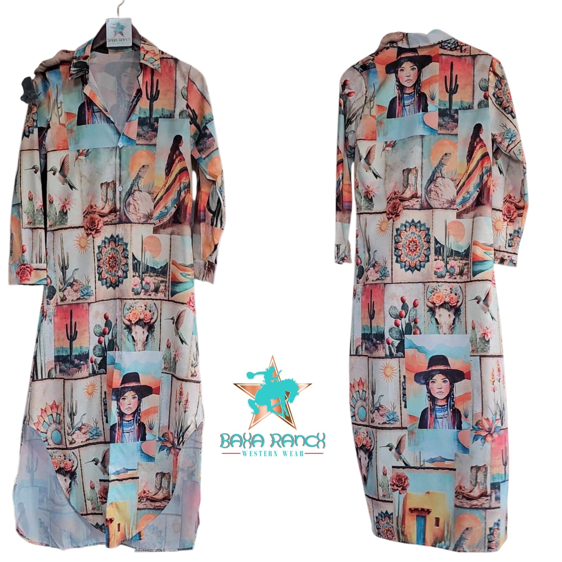 Colores de Mexico Pictures of the Southwest Button-Up Long Sleeve Shirt Dress Duster