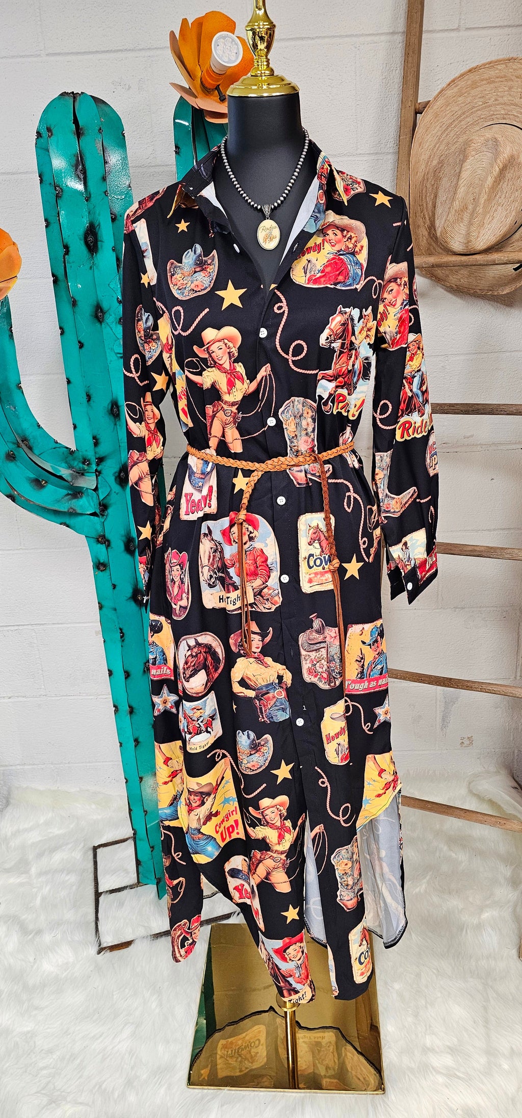 Vintage Cowgirl Collage Western Button-Up Long Sleeve Shirt Dress Duster