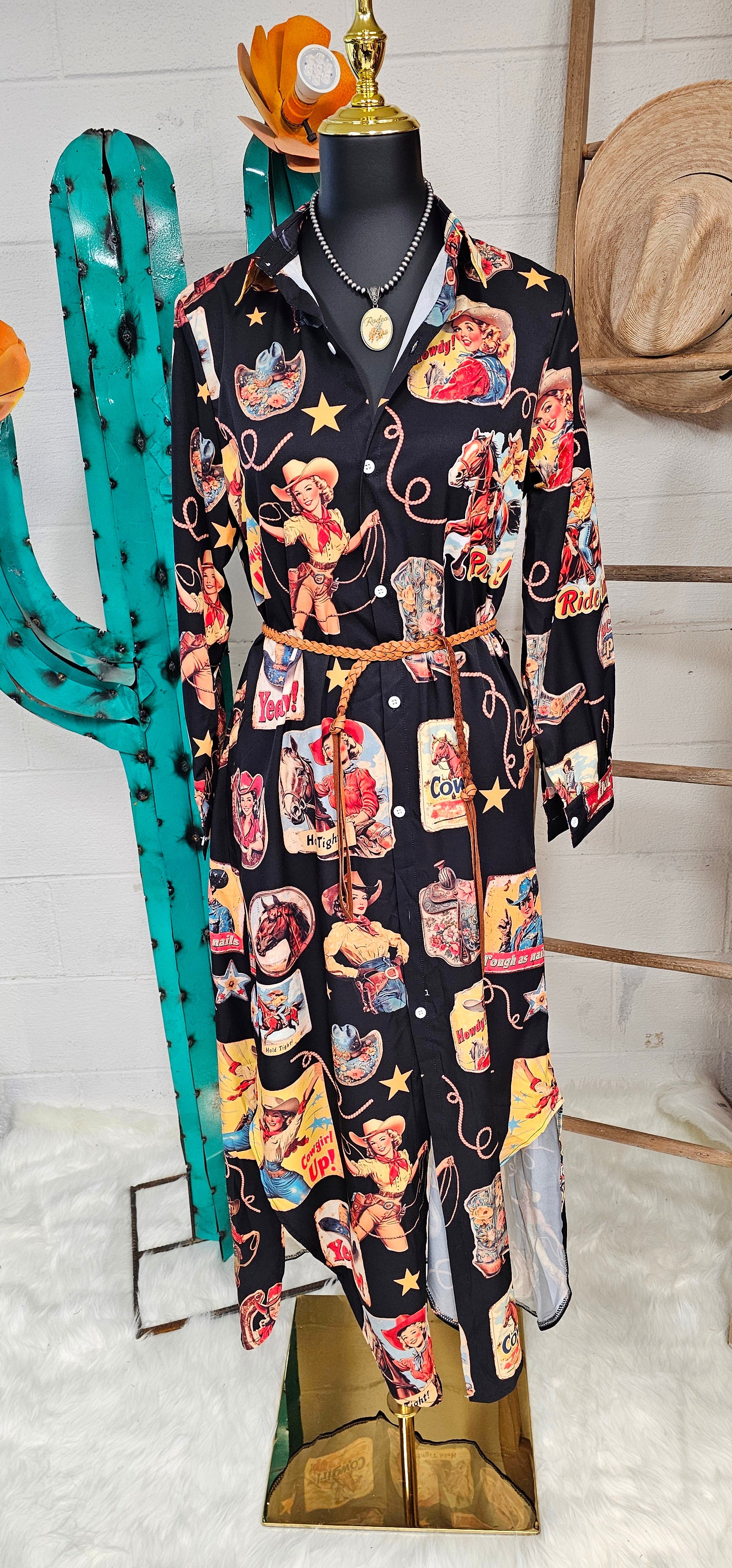 Vintage Cowgirl Collage Western Button-Up Long Sleeve Shirt Dress Duster