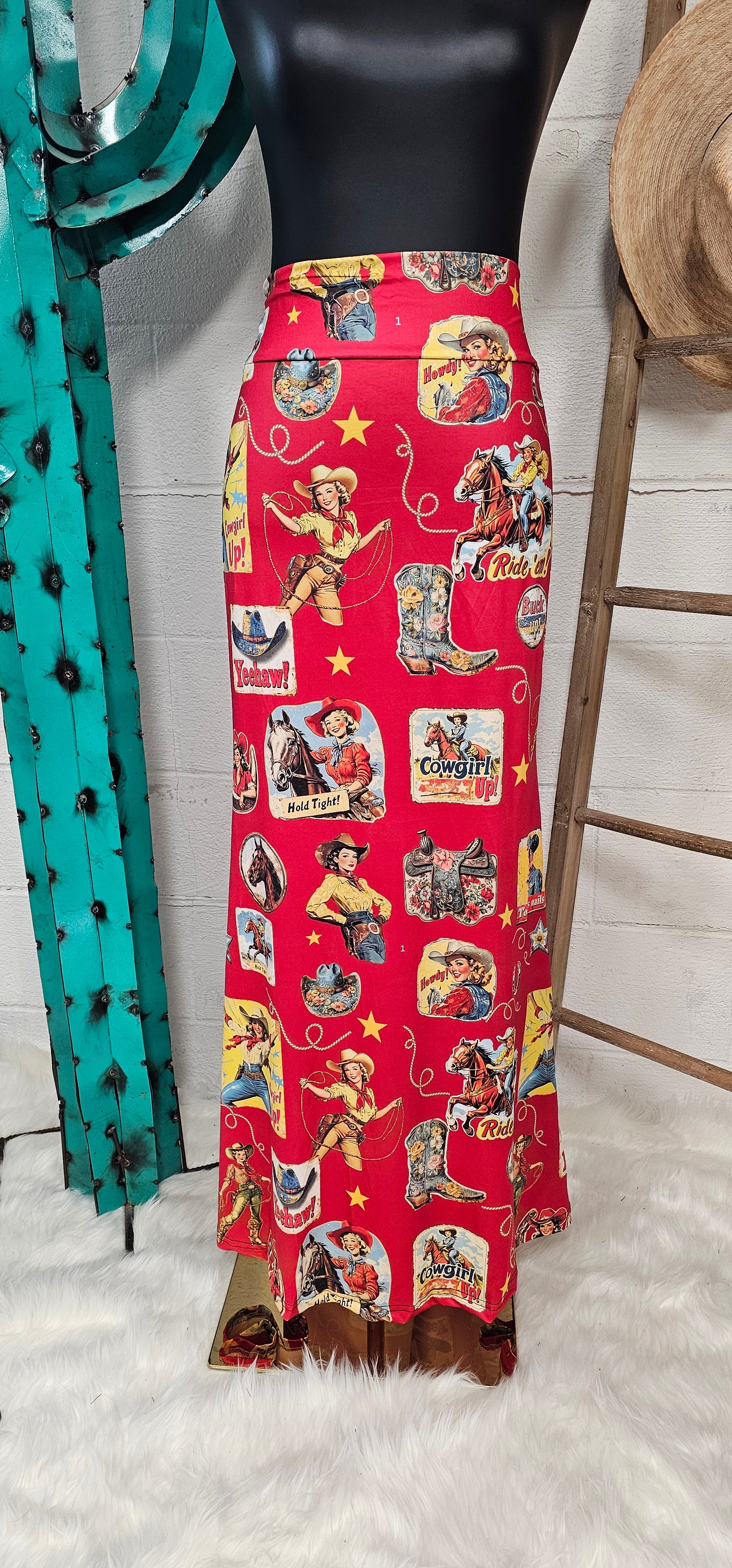 Vintage Cowgirl Collage Western Maxi Skirt