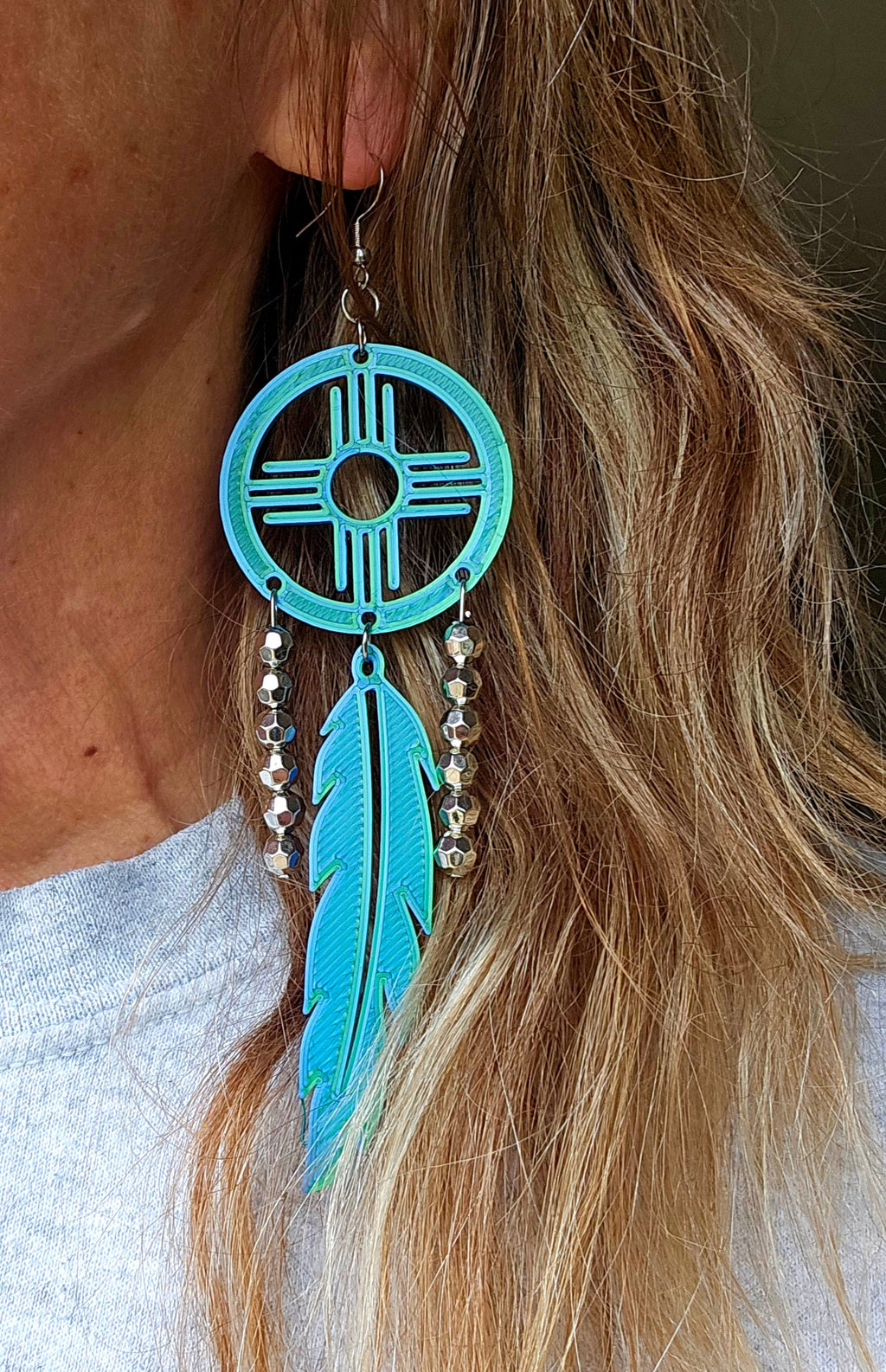 3D print Lightweight Green New Mexico Zia Feather Dream Catcher Earrings Made in America