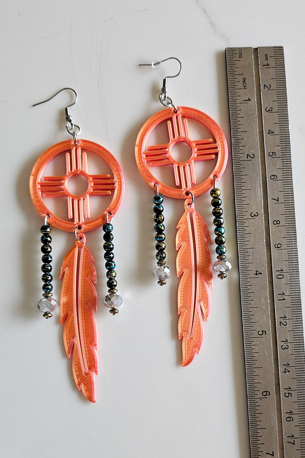 3D print Lightweight Orange New Mexico Zia Feather Dream Catcher Earrings Made in America