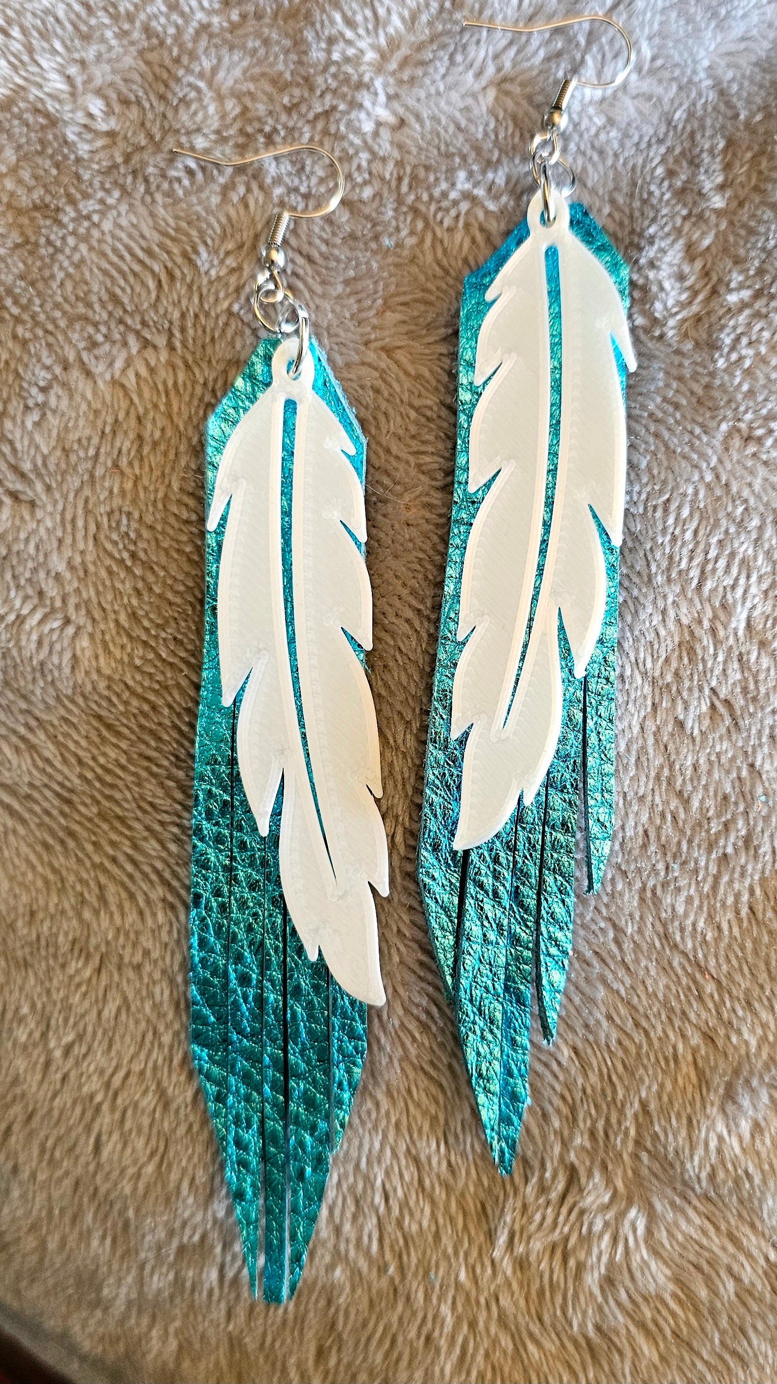 3D Printed Feather Leather Fringe Earrings Made in America