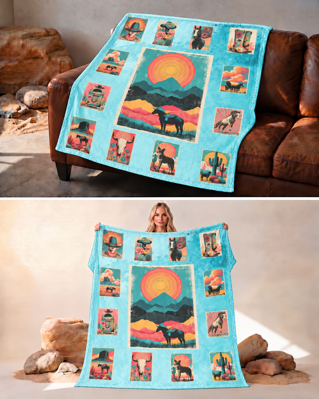 Baha Ranch Western Sunrise   Blanket 60 x 80 Ultra-Soft Micro Fleece Blanket Made in America