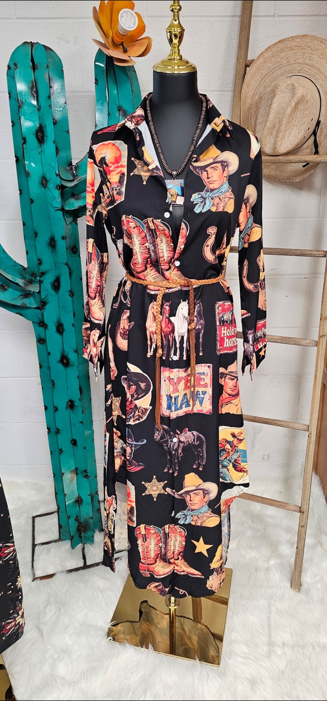 Vintage Cowboy Collage Western Long Sleeve Dress Duster