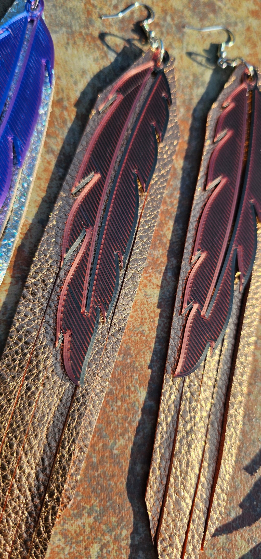 3D Printed Feather Leather Fringe Earrings Made in America