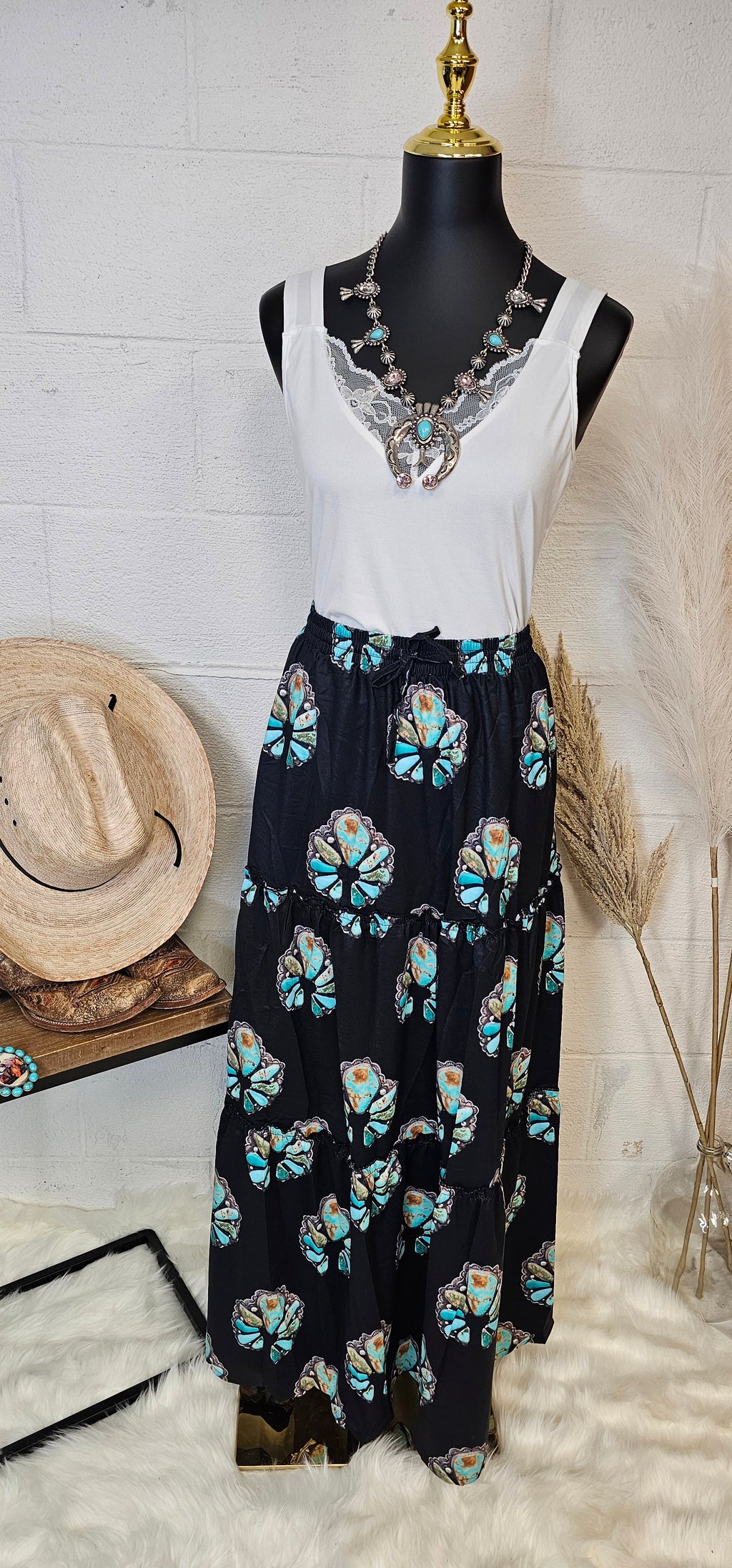 Turquoise Naja Southwestern Tiered Prairie Maxi Skirt