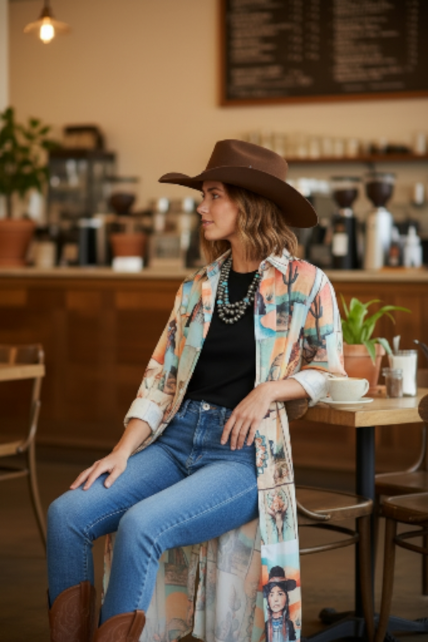 Colores de Mexico Pictures of the Southwest Button-Up Long Sleeve Shirt Dress Duster