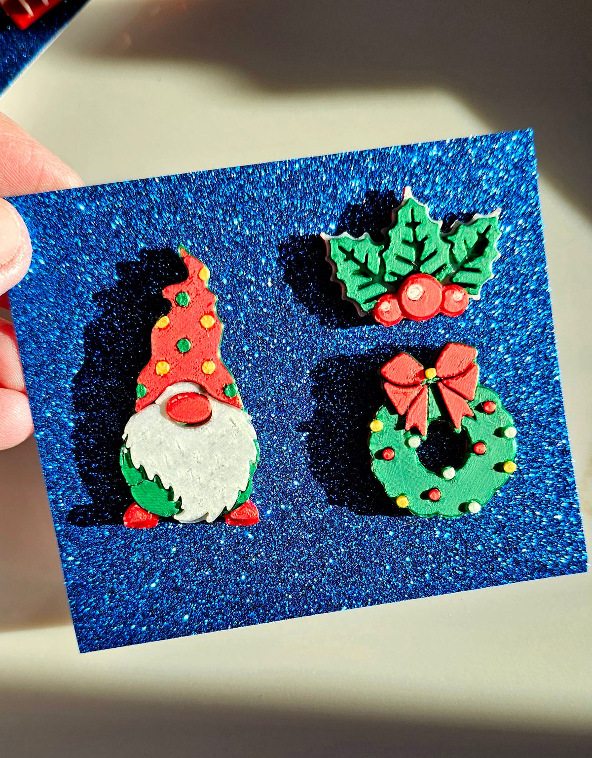 set of 3 Gnome Wreath Holly Hat Pins Christmas Made in America