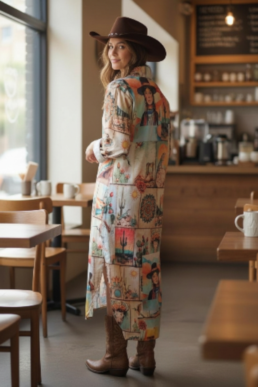 Colores de Mexico Pictures of the Southwest Button-Up Long Sleeve Shirt Dress Duster