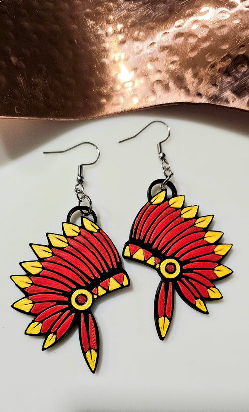 3D Print Kansas City Indian Headdress Chiefs Earrings Made in America