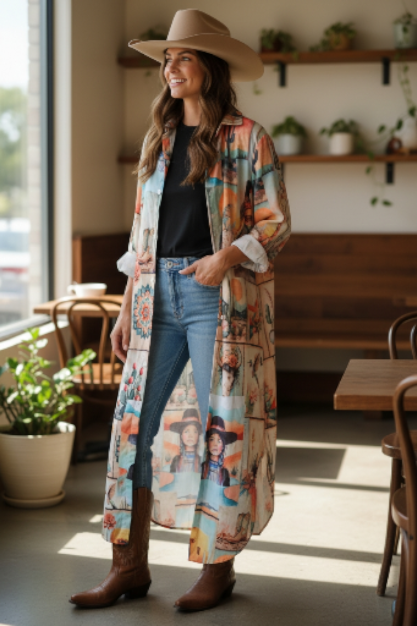 Colores de Mexico Pictures of the Southwest Button-Up Long Sleeve Shirt Dress Duster