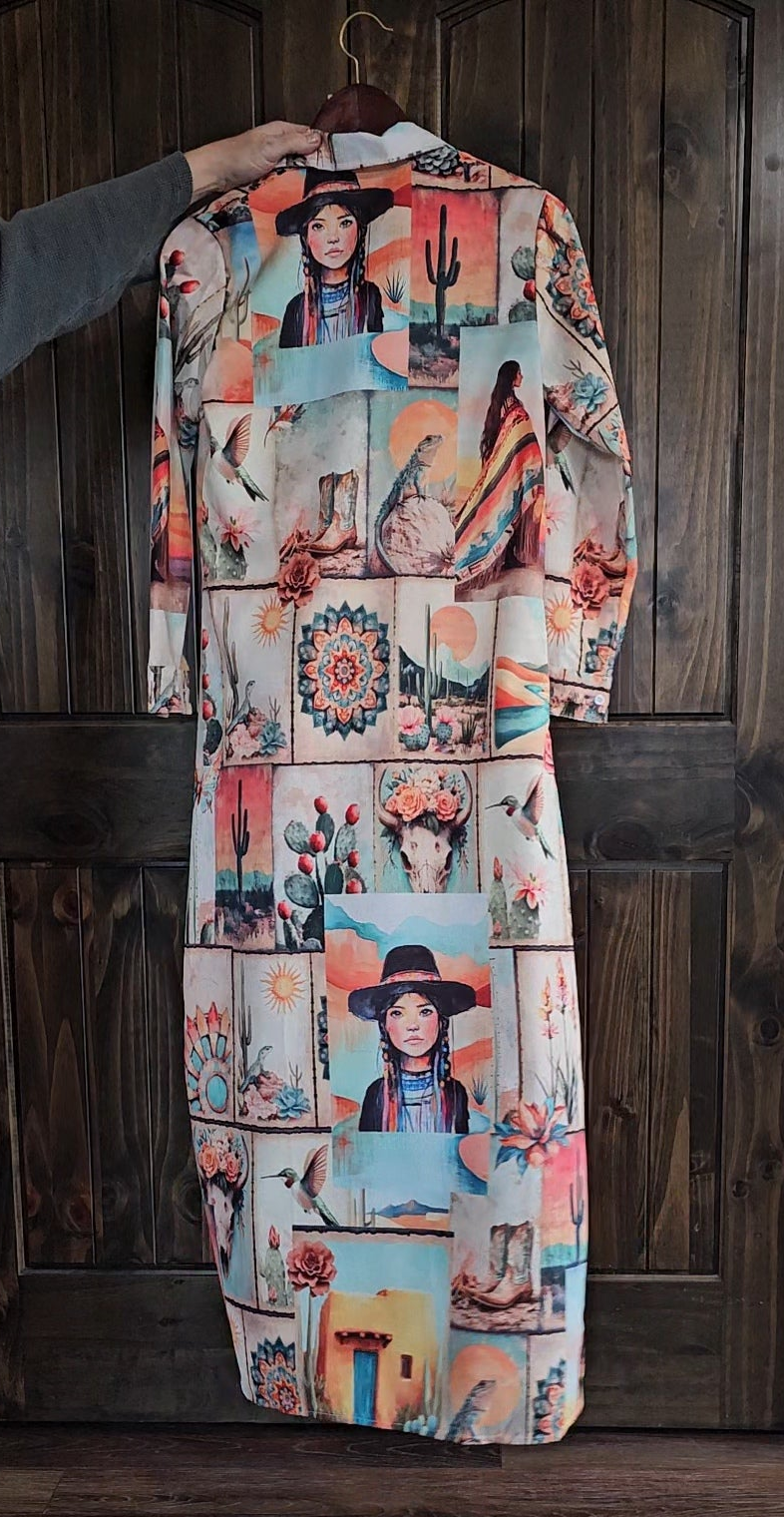 Colores de Mexico Pictures of the Southwest Button-Up Long Sleeve Shirt Dress Duster