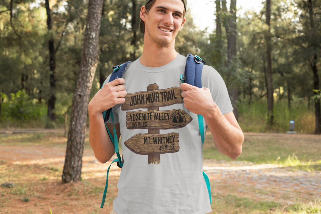 John Muir Trail Unisex Fit Soft T-Shirt Wood Sign 211 Miles