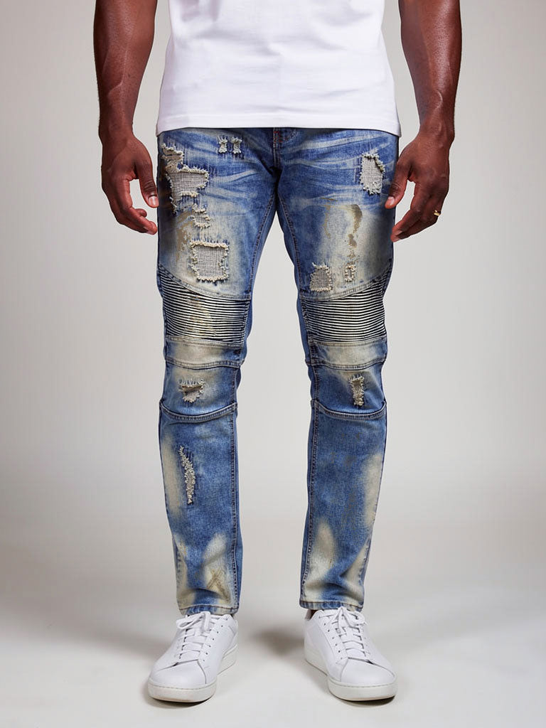Makobi Biker Jeans with Blasting & Repair Stitching, Vintage Wash, worn by model, front view