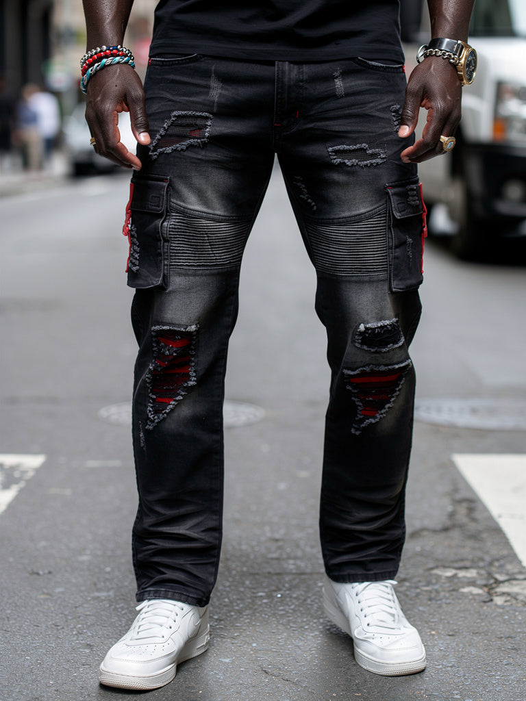 Makobi Railay Biker Jeans w/ Side Pockets in Black Wash, worn by a Big & Tall fit model