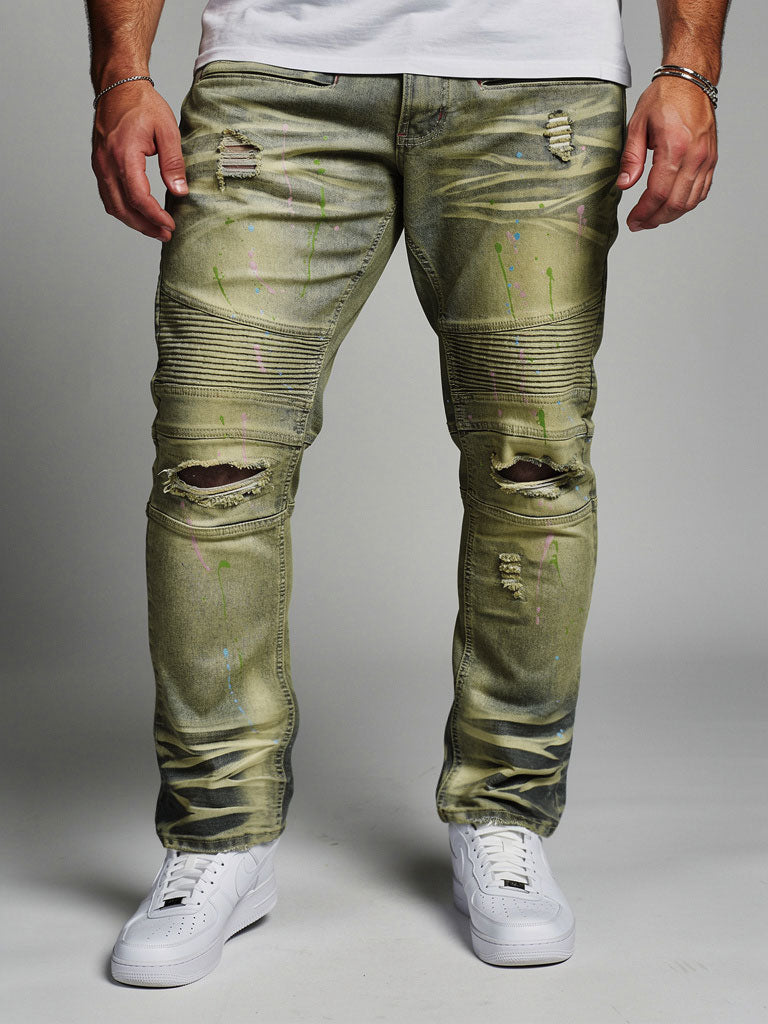 Makobi Super Sauce Biker Jeans in Dirt Wash, worn front view
