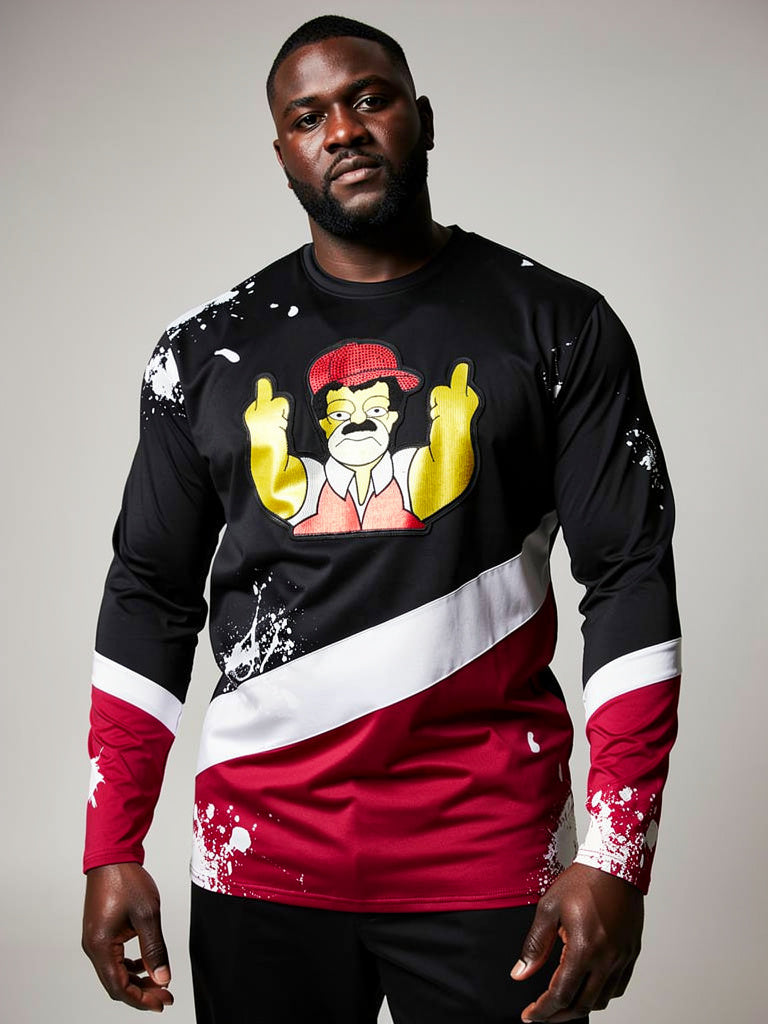Makobi El Chapo Simpson Long Sleeve Tee in Black, worn by a Big & Tall fit model
