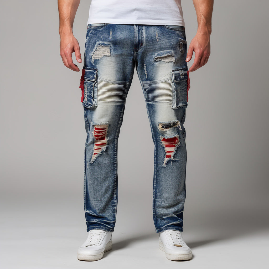 Makobi Railay Biker Jeans w/ Side Pockets in Dirt Wash, worn by a Big & Tall fit model