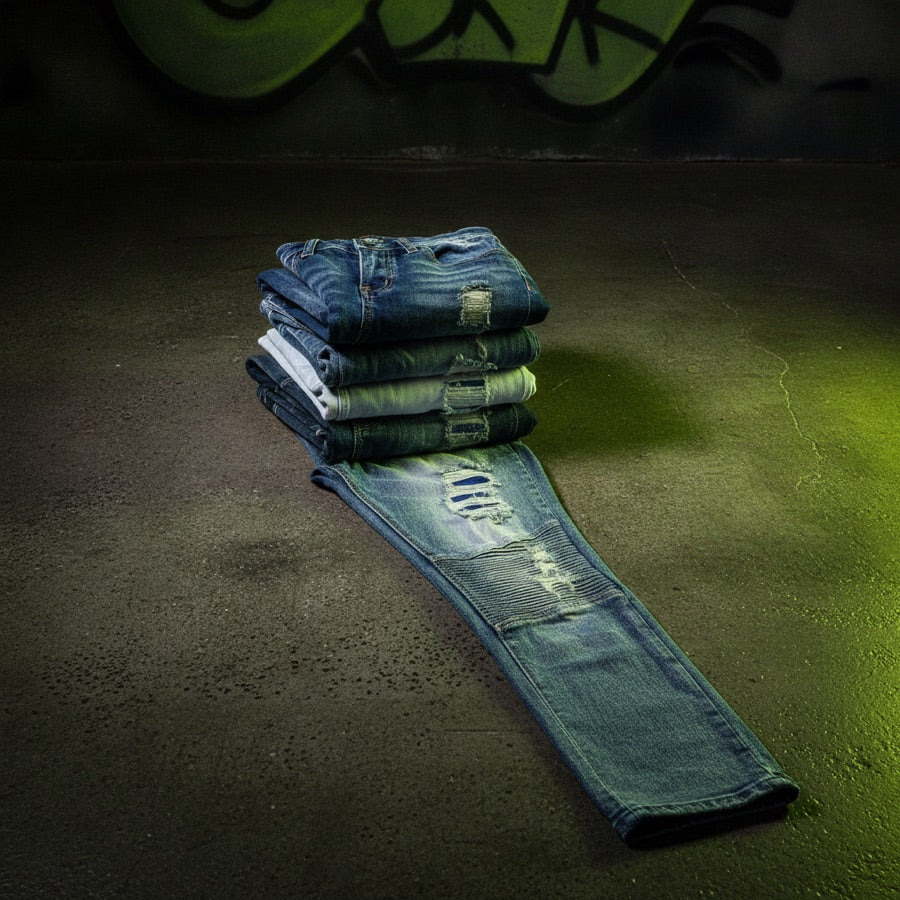 A stack of ArdenWear jeans in biker and splash-paint washes on concrete