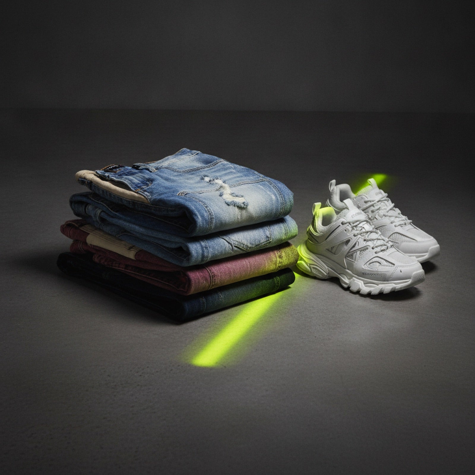 Stacked ArdenWear denim jeans beside white Niepce chunky streetwear sneakers on charcoal concrete, lit by an electric-lime streak