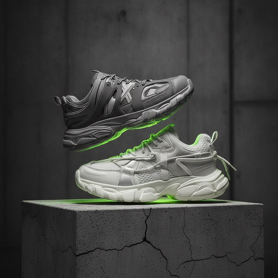 Niepce B30 grey and S100 white chunky streetwear sneakers on a concrete plinth with a lime under-glow